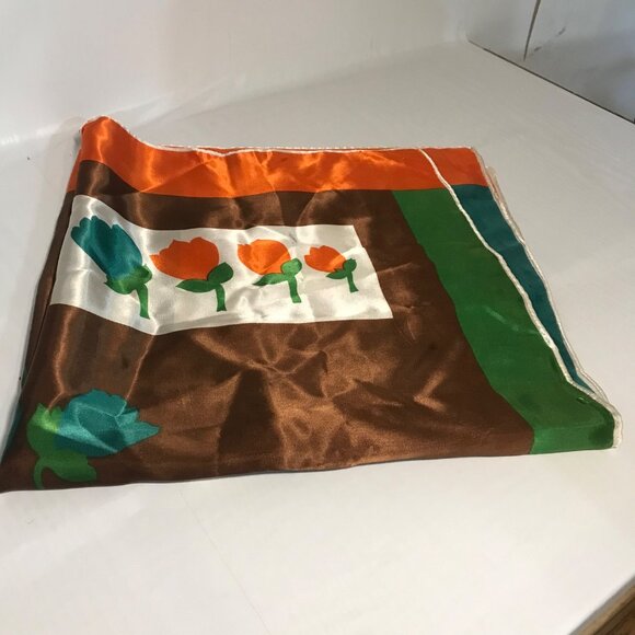 St Germain Silk Scarf  Floral Print Tulips Brown Orange Green White Square 28" - Picture 7 of 8